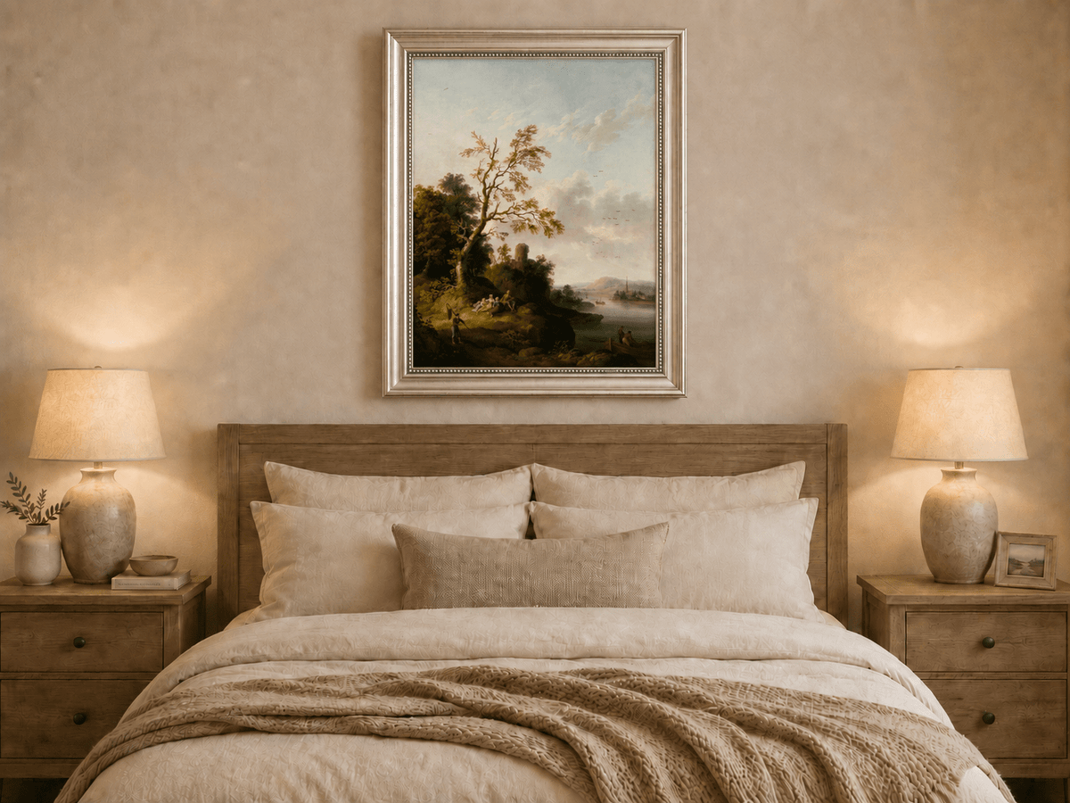 Peinture à l'huile de paysage - Arbre, Personnages, Tour en ruine et Village