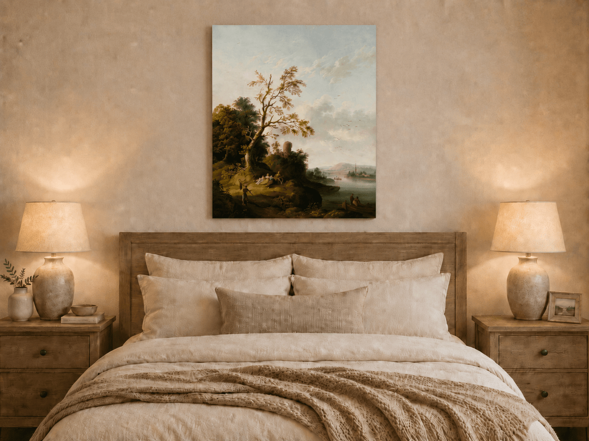 Peinture à l'huile de paysage - Arbre, Personnages, Tour en ruine et Village