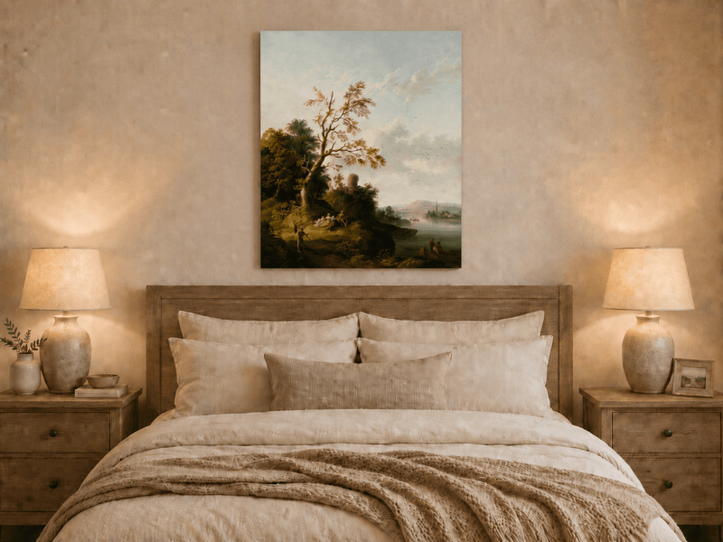 Peinture à l'huile de paysage - Arbre, Personnages, Tour en ruine et Village