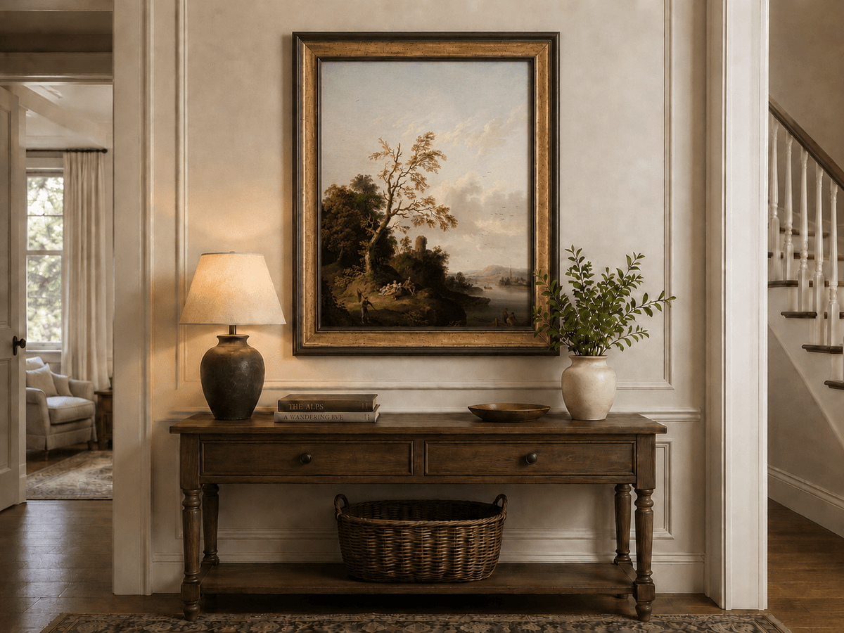 Peinture à l'huile de paysage - Arbre, Personnages, Tour en ruine et Village