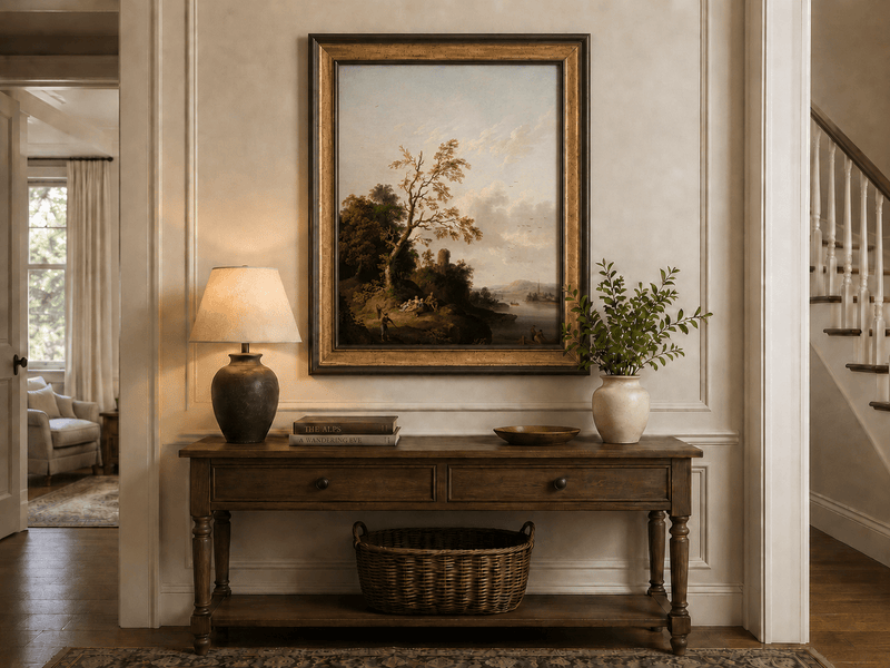 Peinture à l'huile de paysage - Arbre, Personnages, Tour en ruine et Village
