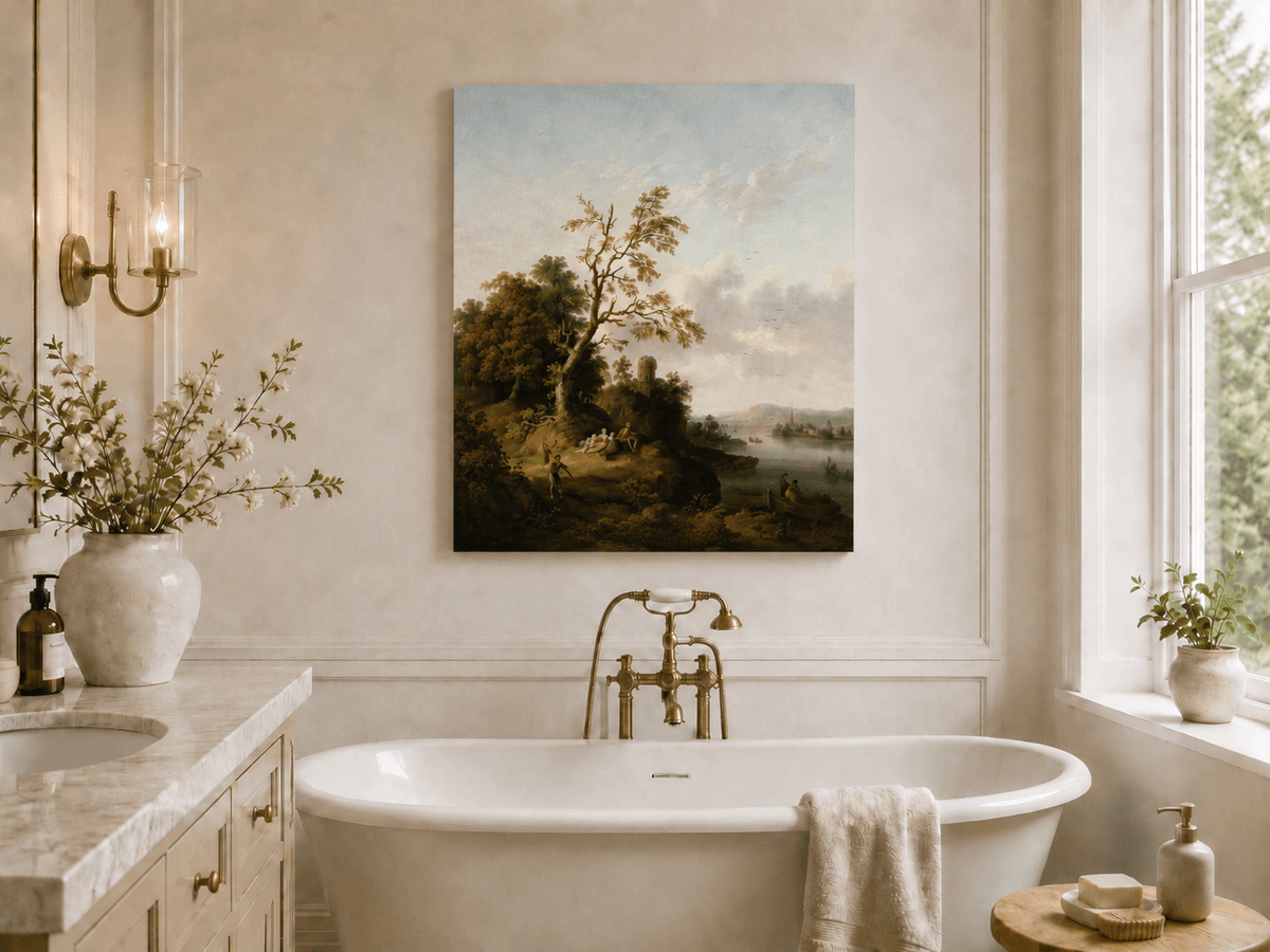 Peinture à l'huile de paysage - Arbre, Personnages, Tour en ruine et Village