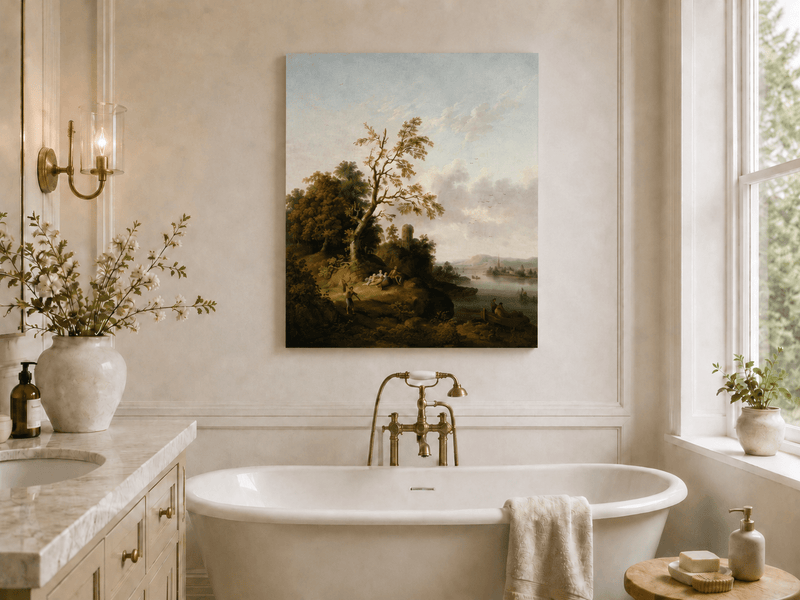 Peinture à l'huile de paysage - Arbre, Personnages, Tour en ruine et Village