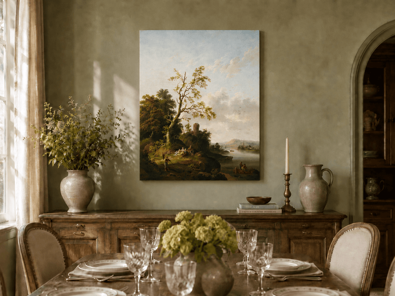 Peinture à l'huile de paysage - Arbre, Personnages, Tour en ruine et Village