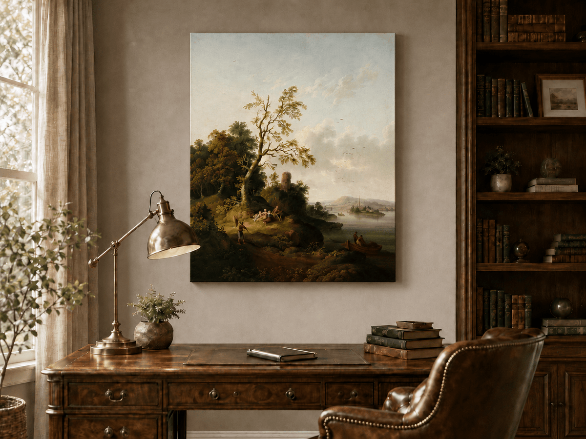 Peinture à l'huile de paysage - Arbre, Personnages, Tour en ruine et Village