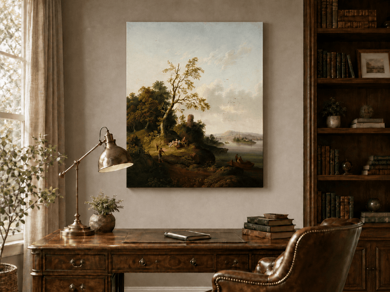 Peinture à l'huile de paysage - Arbre, Personnages, Tour en ruine et Village
