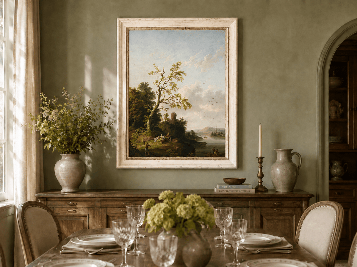 Peinture à l'huile de paysage - Arbre, Personnages, Tour en ruine et Village