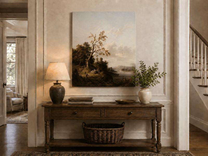 Peinture à l'huile de paysage - Arbre, Personnages, Tour en ruine et Village