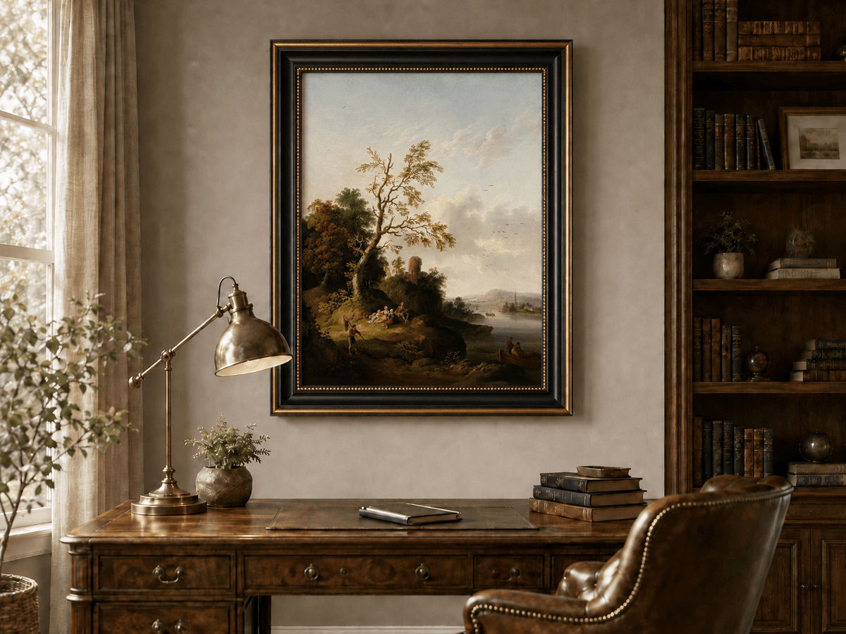 Peinture à l'huile de paysage - Arbre, Personnages, Tour en ruine et Village