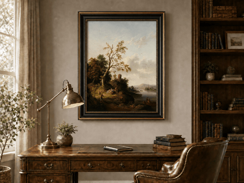 Peinture à l'huile de paysage - Arbre, Personnages, Tour en ruine et Village
