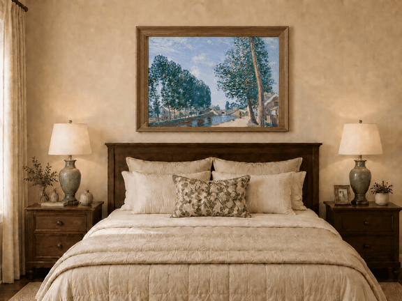 Hand-painted tree-lined canal and riverside path displayed as decorative wall art.