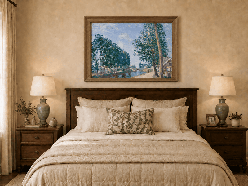 Hand-painted tree-lined canal and riverside path displayed as decorative wall art.