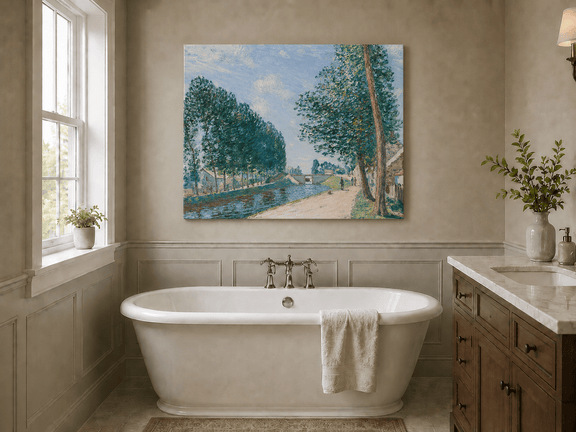 Tree-lined canal and riverside path landscape oil painting presented as styled home decor.