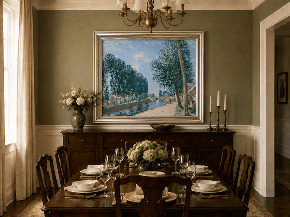 Tree-lined canal oil landscape artwork shown in a styled home interior.