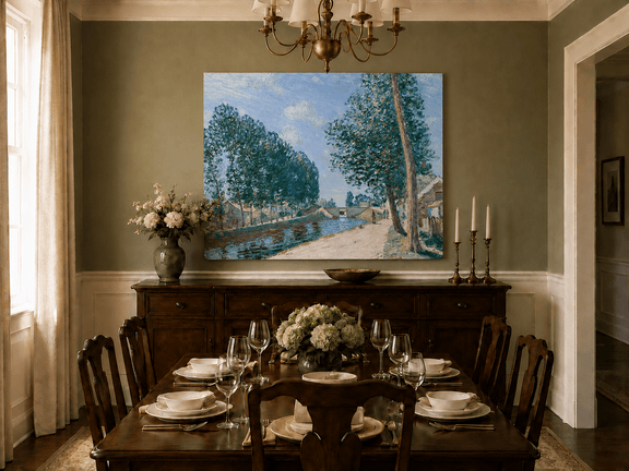 Hand-painted riverside canal landscape artwork in an interior display.