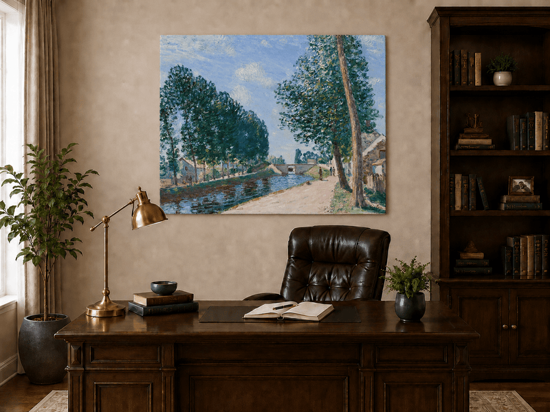 Interior wall art view featuring a tree-lined canal and riverside path oil painting.