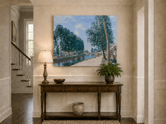 Canal and riverside path landscape painting shown as decorative oil wall art.