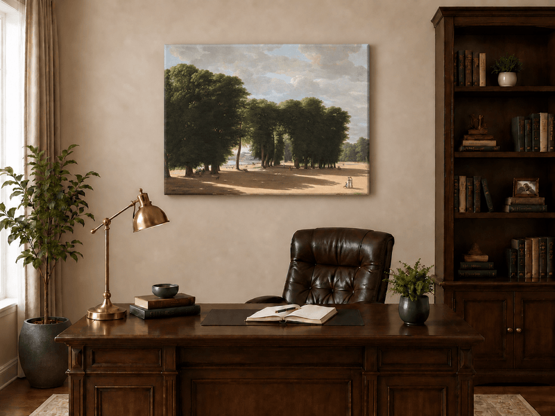 Landschafts-Ölgemälde – Wandkunst eines Parks mit Bäumen und Figuren