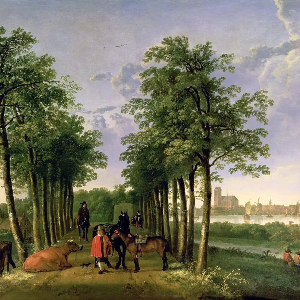 Landscape Oil Painting - Tree - Lined Path with Figures, Horses & Cattle - Oil Painting Haven
