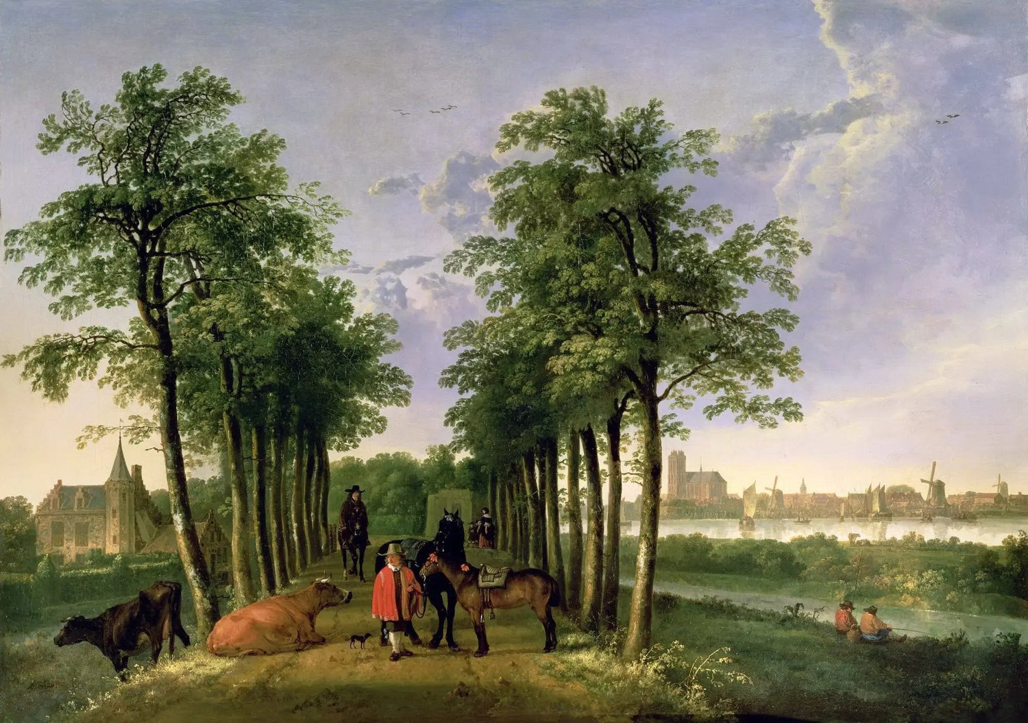 Landscape Oil Painting - Tree - Lined Path with Figures, Horses & Cattle - Oil Painting Haven