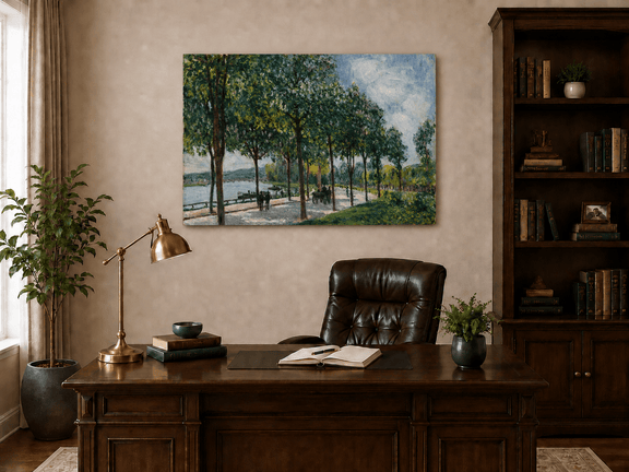 Interior wall art view featuring a tree-lined riverside promenade in summer oil painting.
