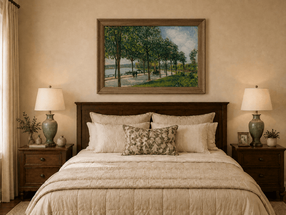 Hand-painted tree-lined riverside promenade in summer displayed as decorative wall art.