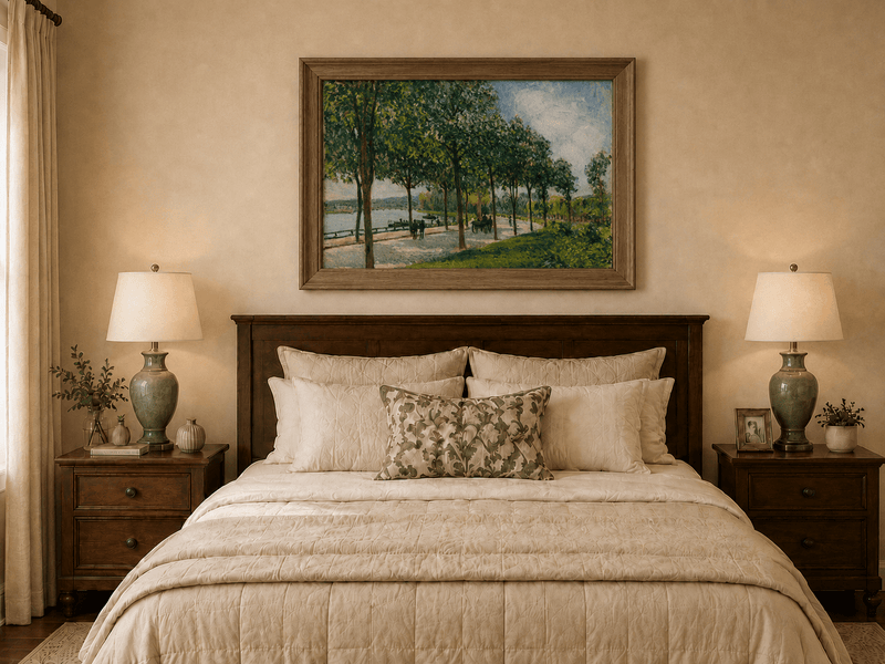 Hand-painted tree-lined riverside promenade in summer displayed as decorative wall art.