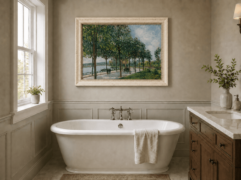 Tree-lined riverside landscape oil painting presented as interior home decor.