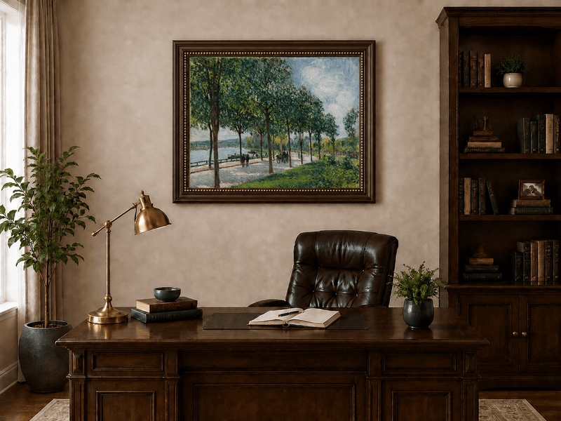 Tree-lined summer riverside promenade landscape oil painting presented in an interior wall art mockup.