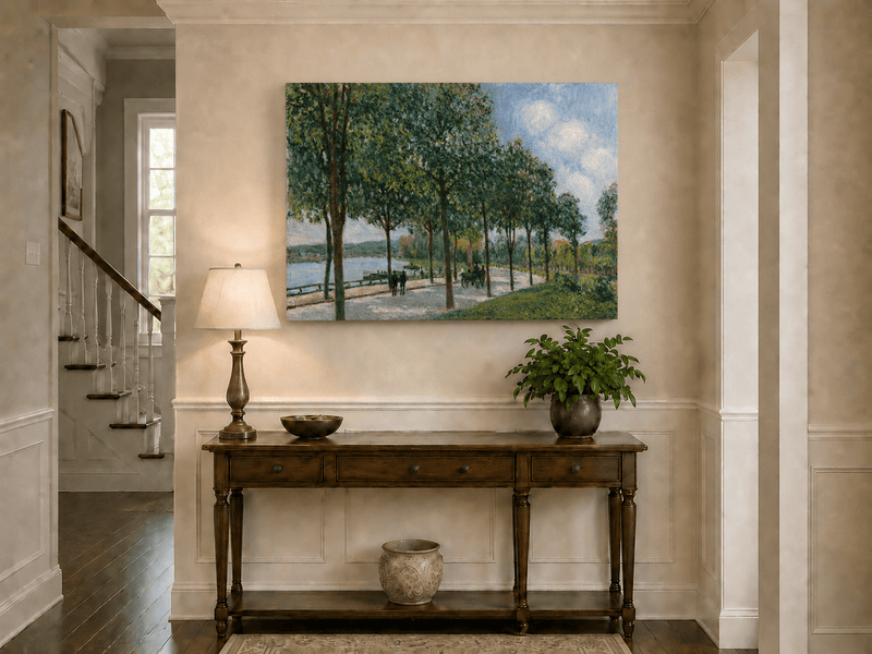Tree-lined summer riverside landscape painting shown as decorative oil wall art.