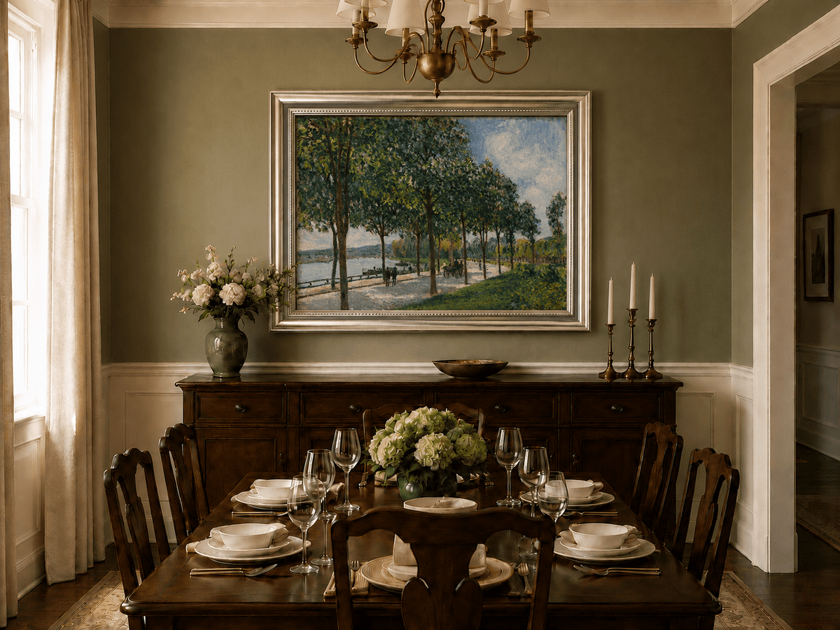 Summer riverside trees oil landscape artwork shown in a styled home interior.