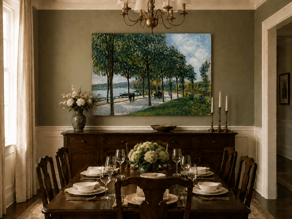 Hand-painted riverside trees landscape artwork in an interior display.