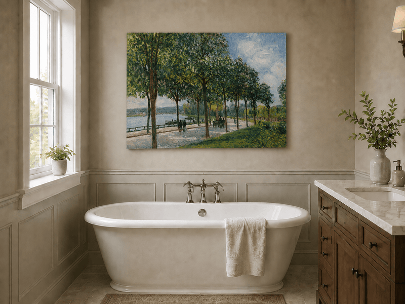 Tree-lined riverside promenade in summer landscape oil painting presented as styled home decor.