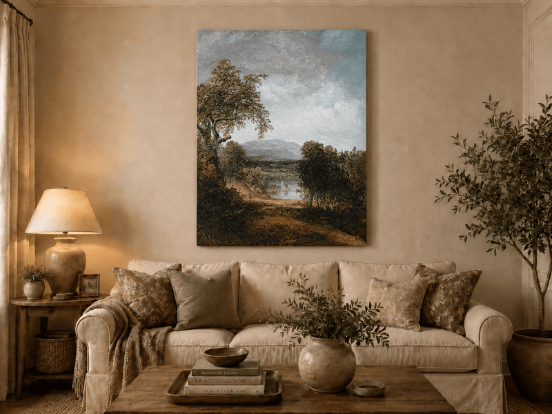 Landscape Oil Painting - Tree, Path,Distant Mountains & Lone