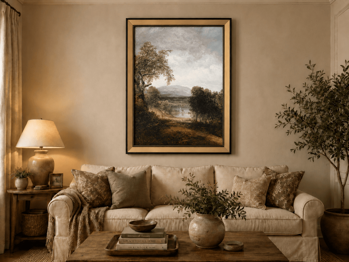 Landscape Oil Painting - Tree, Path,Distant Mountains & Lone