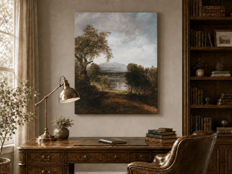 Landscape Oil Painting - Tree, Path,Distant Mountains & Lone