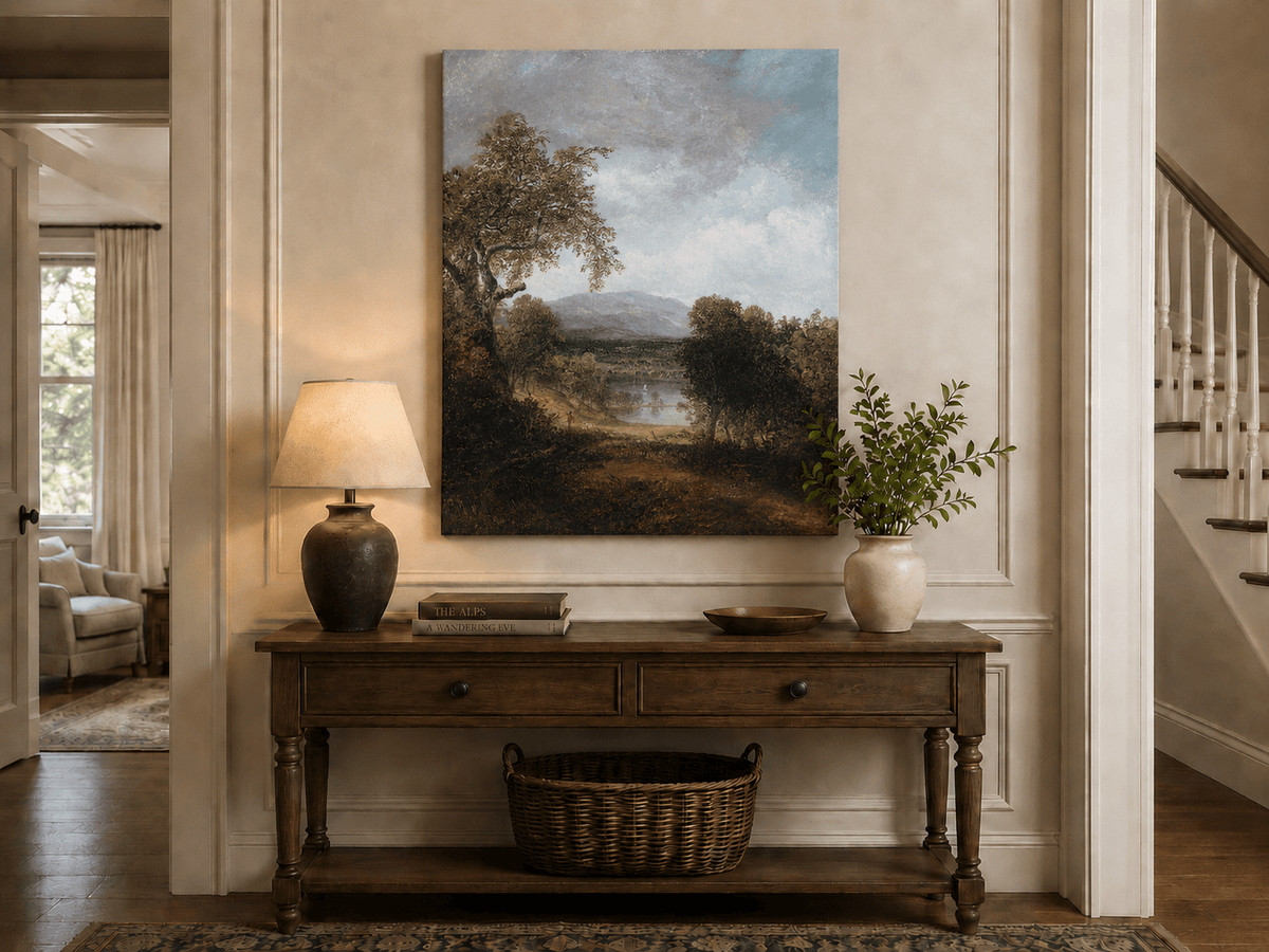Landscape Oil Painting - Tree, Path,Distant Mountains & Lone