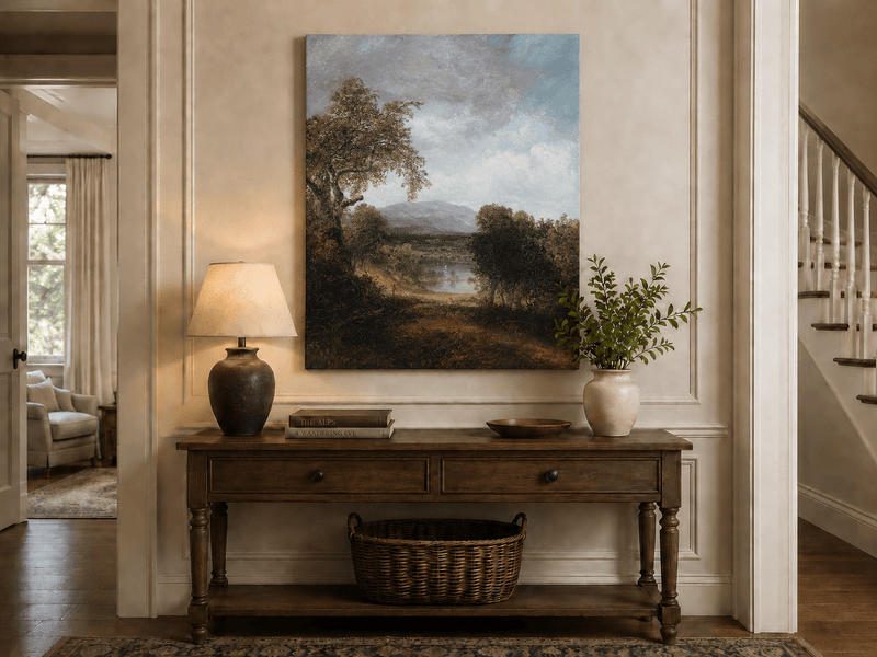 Landscape Oil Painting - Tree, Path,Distant Mountains & Lone