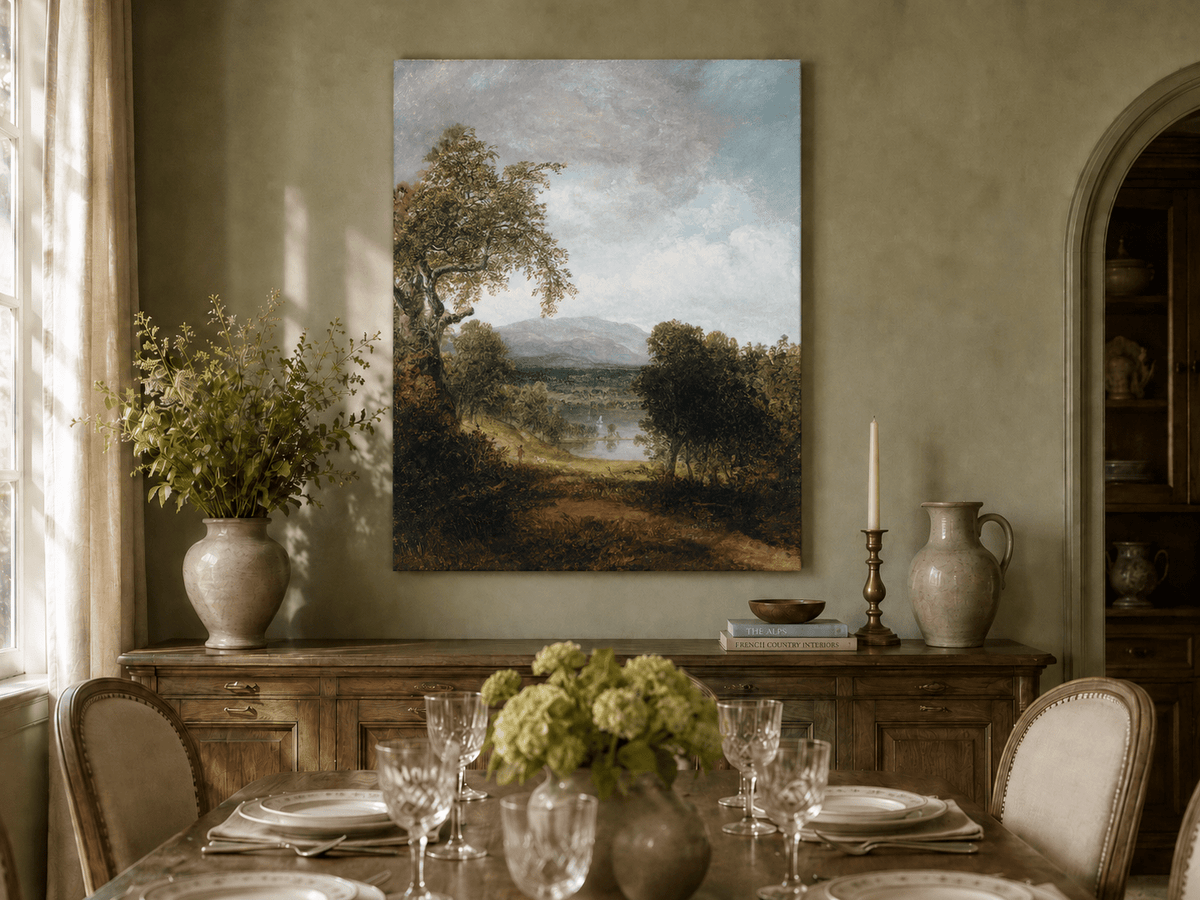 Landscape Oil Painting - Tree, Path,Distant Mountains & Lone