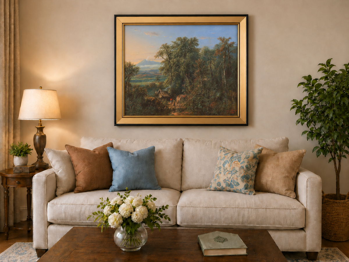 Hand-painted Tropical Forest with Distant Volcano landscape oil painting displayed as wall art in a styled interior