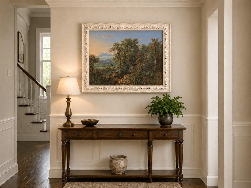 Hand-painted Tropical Forest with Distant Volcano landscape oil painting displayed as wall art in a styled interior