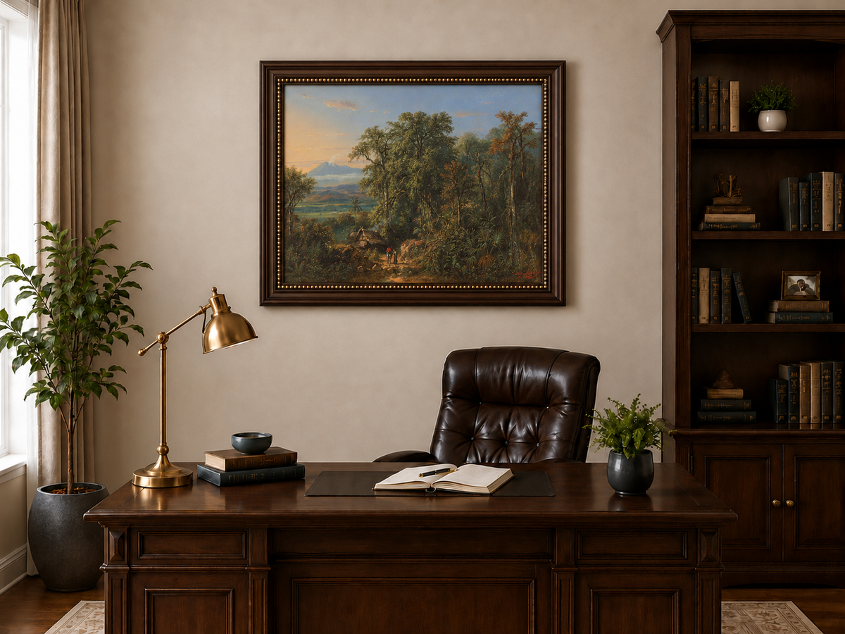 Hand-painted Tropical Forest with Distant Volcano landscape oil painting displayed as wall art in a styled interior