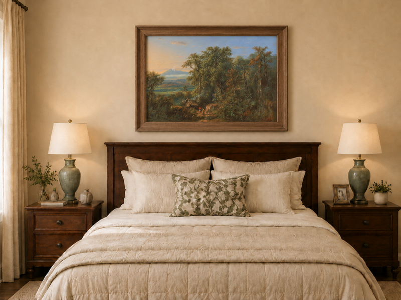 Hand-painted Tropical Forest with Distant Volcano landscape oil painting displayed as wall art in a styled interior