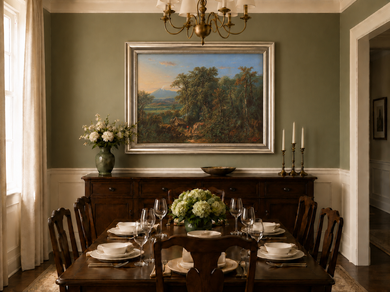 Hand-painted Tropical Forest with Distant Volcano landscape oil painting displayed as wall art in a styled interior