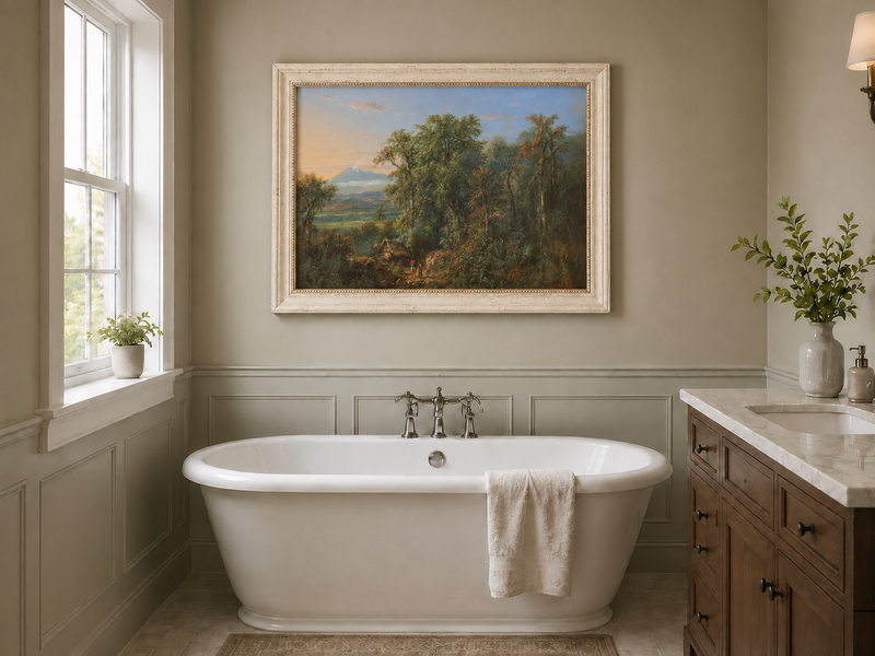 Hand-painted Tropical Forest with Distant Volcano landscape oil painting displayed as wall art in a styled interior