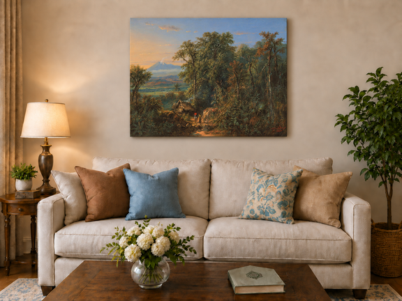 Hand-painted Tropical Forest with Distant Volcano landscape oil painting displayed as wall art in a styled interior