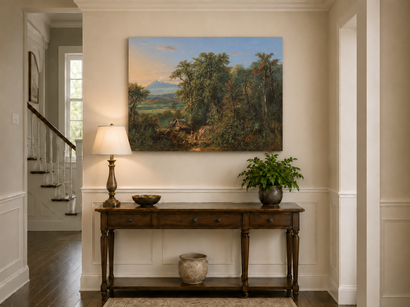 Hand-painted Tropical Forest with Distant Volcano landscape oil painting displayed as wall art in a styled interior