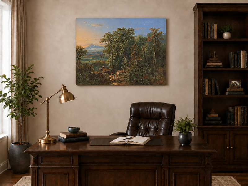 Hand-painted Tropical Forest with Distant Volcano landscape oil painting displayed as wall art in a styled interior