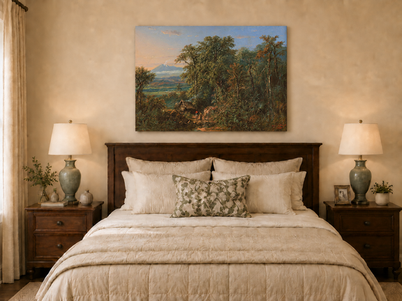 Hand-painted Tropical Forest with Distant Volcano landscape oil painting displayed as wall art in a styled interior