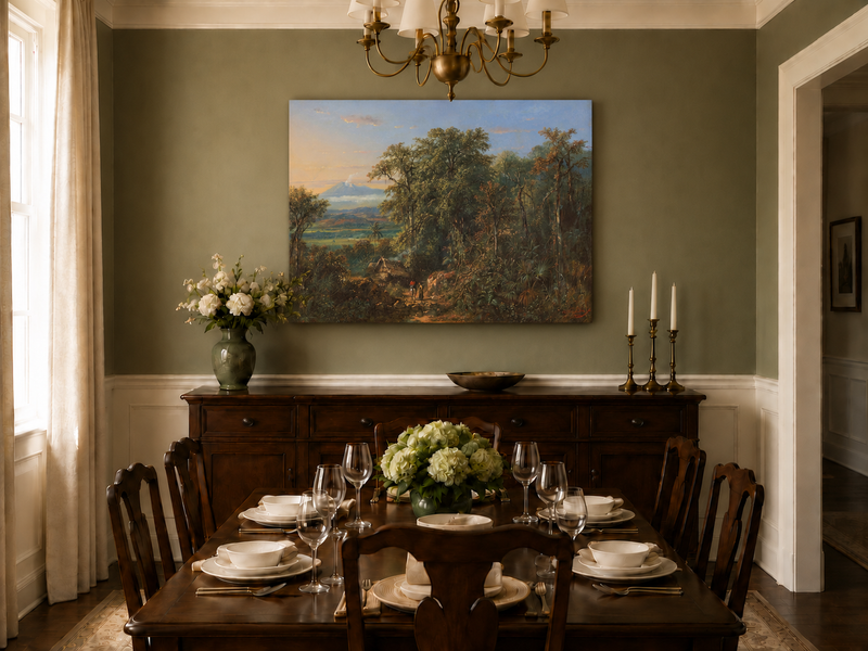 Hand-painted Tropical Forest with Distant Volcano landscape oil painting displayed as wall art in a styled interior